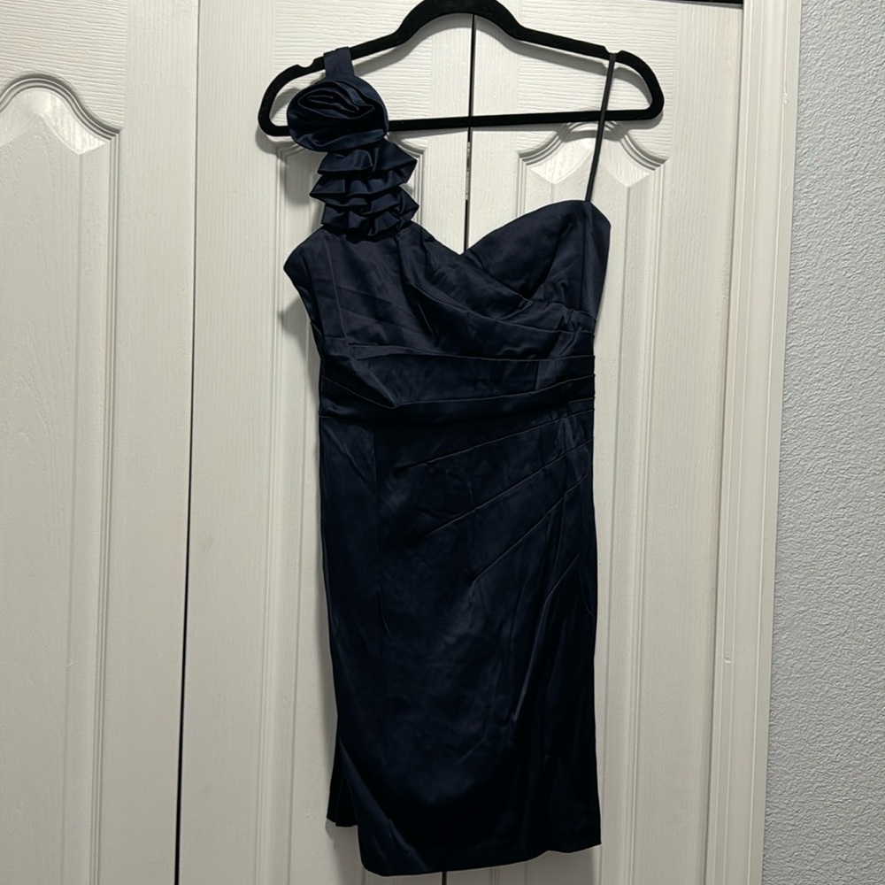 Navy One Shoulder Asymmetric Satin Dress